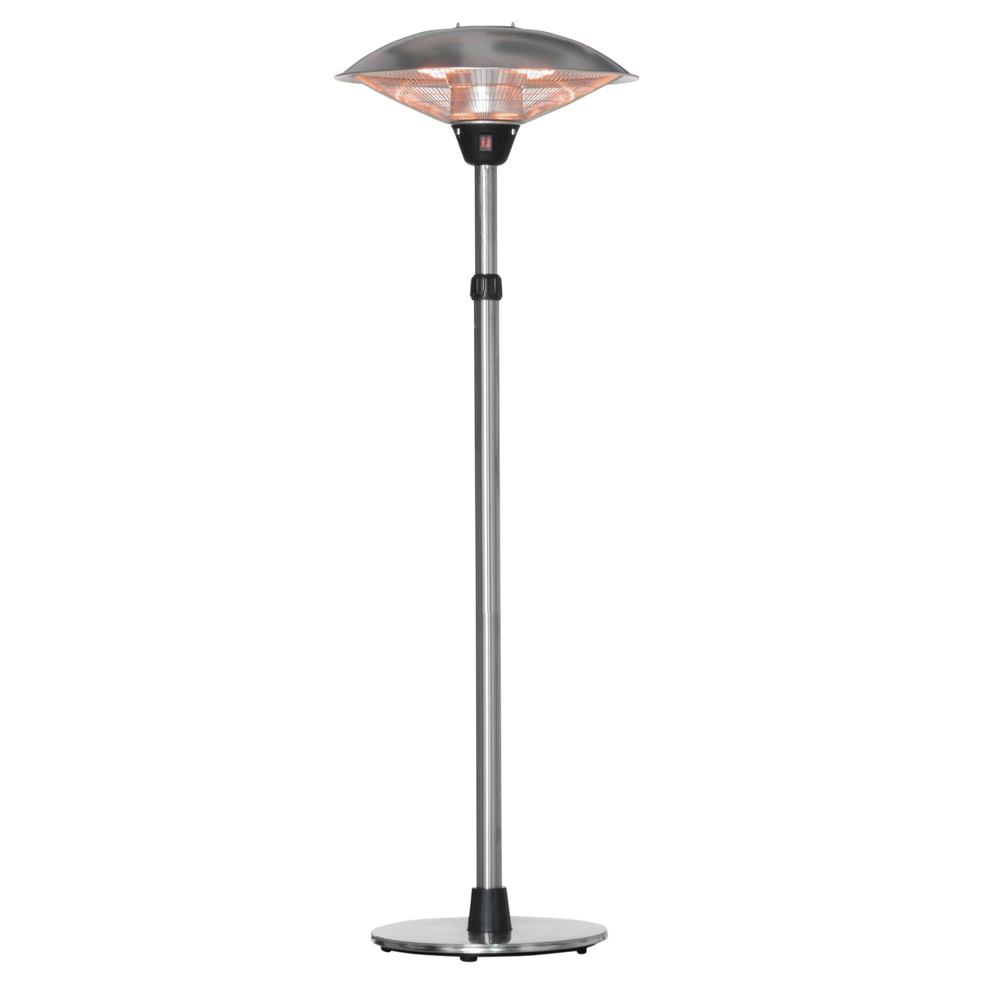 Parasol chauffant électrique infrarouge sans émission de CO₂, IP44, plusieurs puissances, hauteur réglable, acier inoxydable argenté