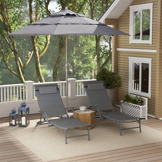 Sans Marque - Ensemble de 2 chaises longues de jardin pliantes avec dossier réglable sur 4 niveaux et coussin, grises - Image 3