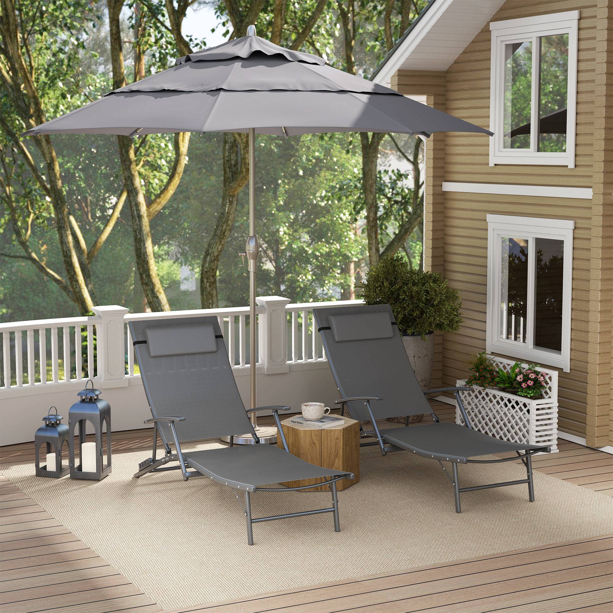 Sans Marque - Ensemble de 2 chaises longues de jardin pliantes avec dossier réglable sur 4 niveaux et coussin, grises - Image 3
