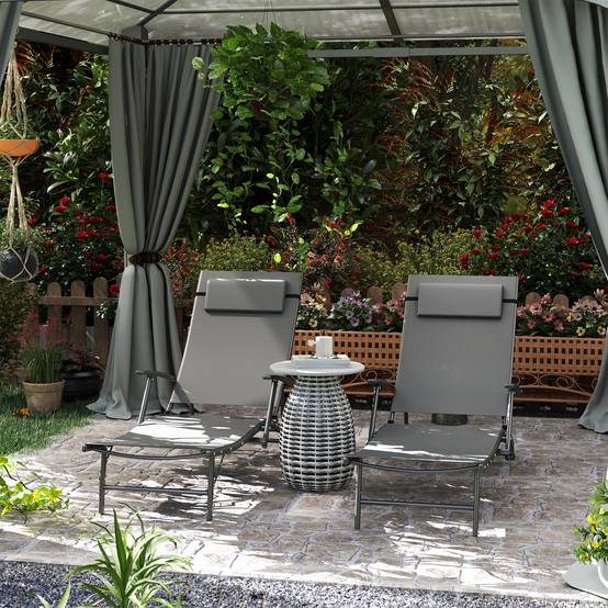 Sans Marque - Ensemble de 2 chaises longues de jardin pliantes avec dossier réglable sur 4 niveaux et coussin, grises - Image 2