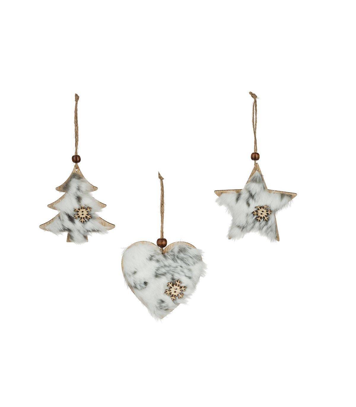 Déco de sapin Lot de 3 formes Coeur Etoile Sapin en Bois avec Fourrure et Flocon - Image 1