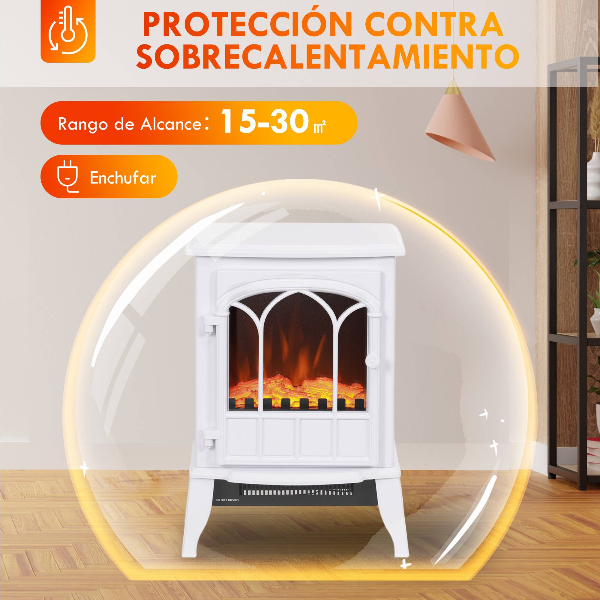 Cheminée électrique 1000W/2000W, effet flamme, température réglable et protection contre la surchauffe, pour une surface de 15 à 30 m², blanche - Image 8