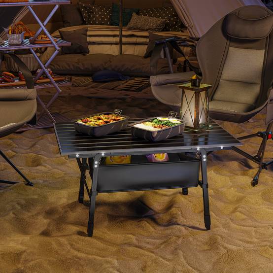 Table de camping pliante aluminium pique-nique jardin hauteur réglable panier 90x55x66cm noir - ComfortXL Outdoor Living - Image 2