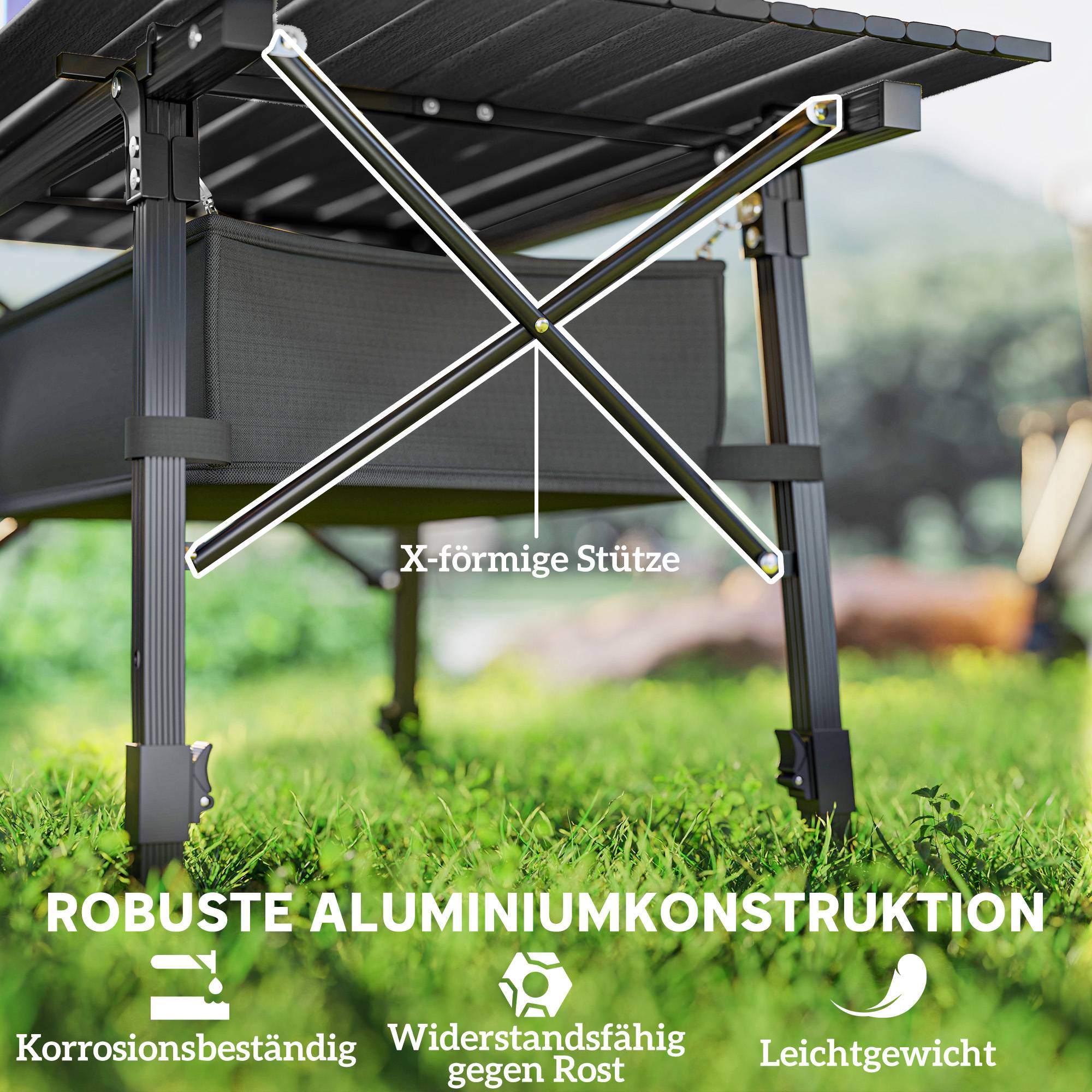 Table de camping pliante aluminium pique-nique jardin hauteur réglable panier 90x55x66cm noir - ComfortXL Outdoor Living - Image 6