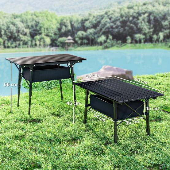 Table de camping pliante aluminium pique-nique jardin hauteur réglable panier 90x55x66cm noir - ComfortXL Outdoor Living - Image 3