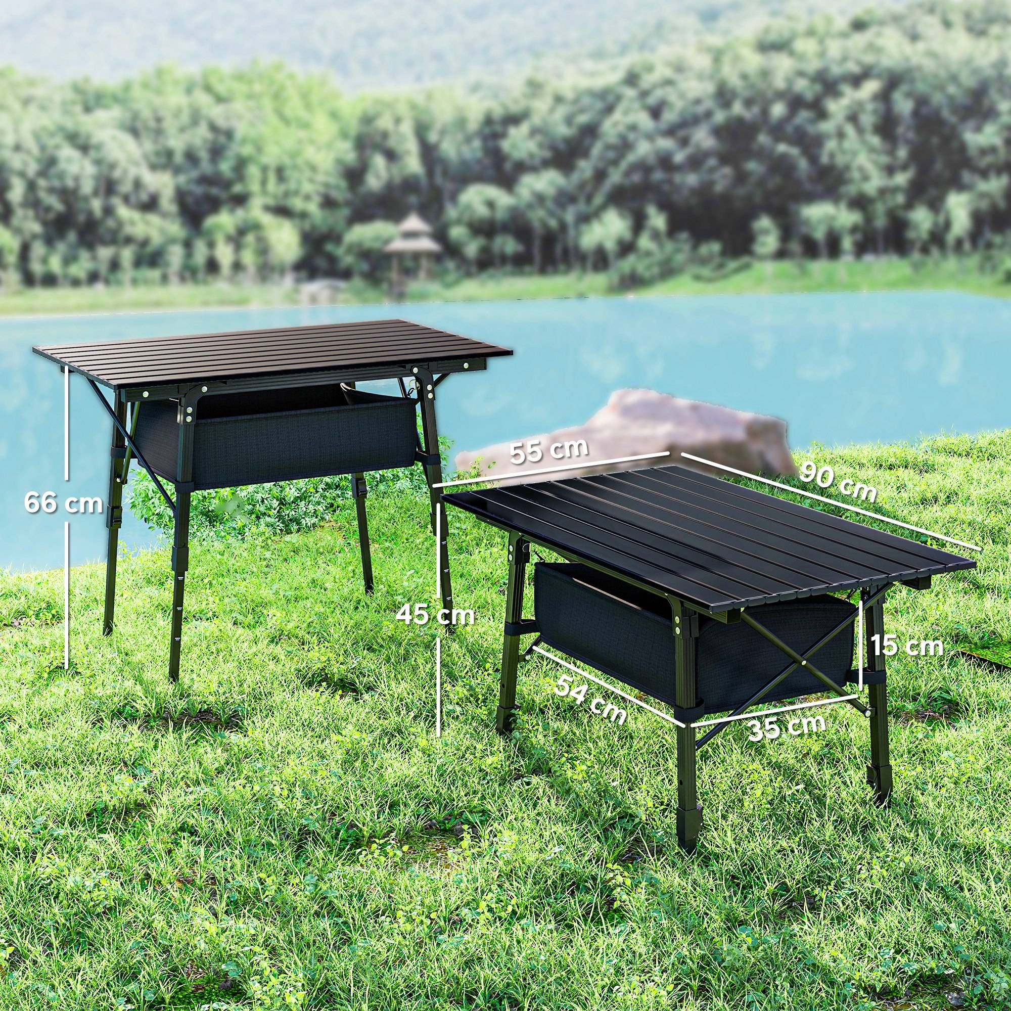 Table de camping pliante aluminium pique-nique jardin hauteur réglable panier 90x55x66cm noir - ComfortXL Outdoor Living - Image 3
