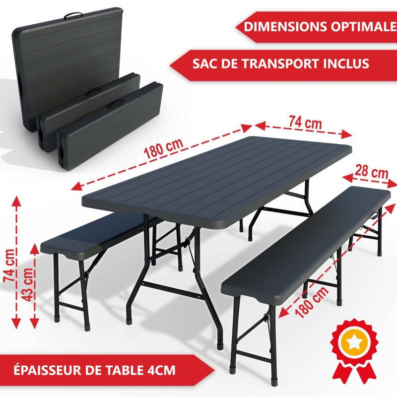 BB Loisir - Table de camping table de jardin pliante 180x74x74cm aspect bois avec 2 bancs - Image 5
