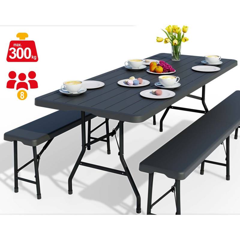 BB Loisir - Table de camping table de jardin pliante 180x74x74cm aspect bois avec 2 bancs - Image 2