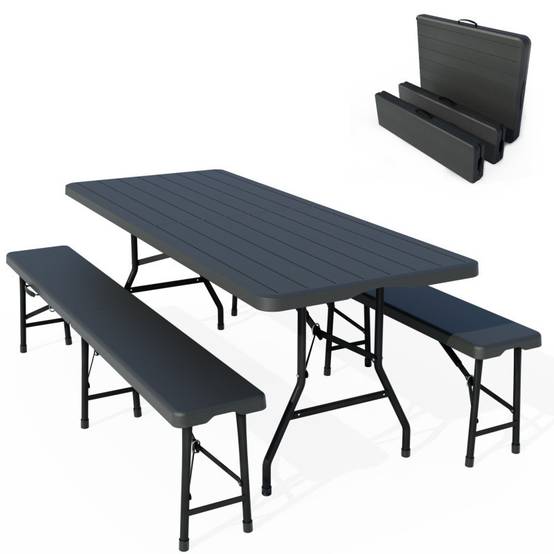 BB Loisir - Table de camping table de jardin pliante 180x74x74cm aspect bois avec 2 bancs - Image 1