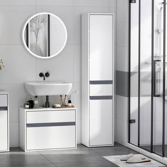 Colonne salle de bain avec 2 placards 3 étagères et tiroir, meuble rangement vertical bois blanc moderne - Image 3