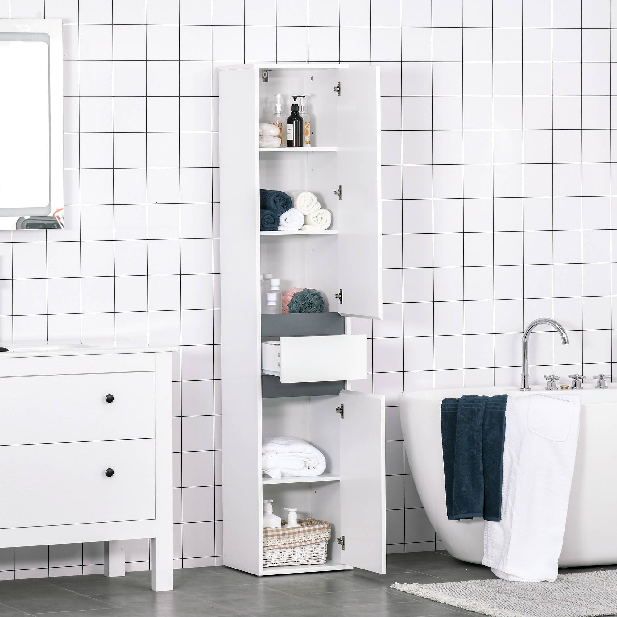 Colonne salle de bain avec 2 placards 3 étagères et tiroir, meuble rangement vertical bois blanc moderne - Image 4