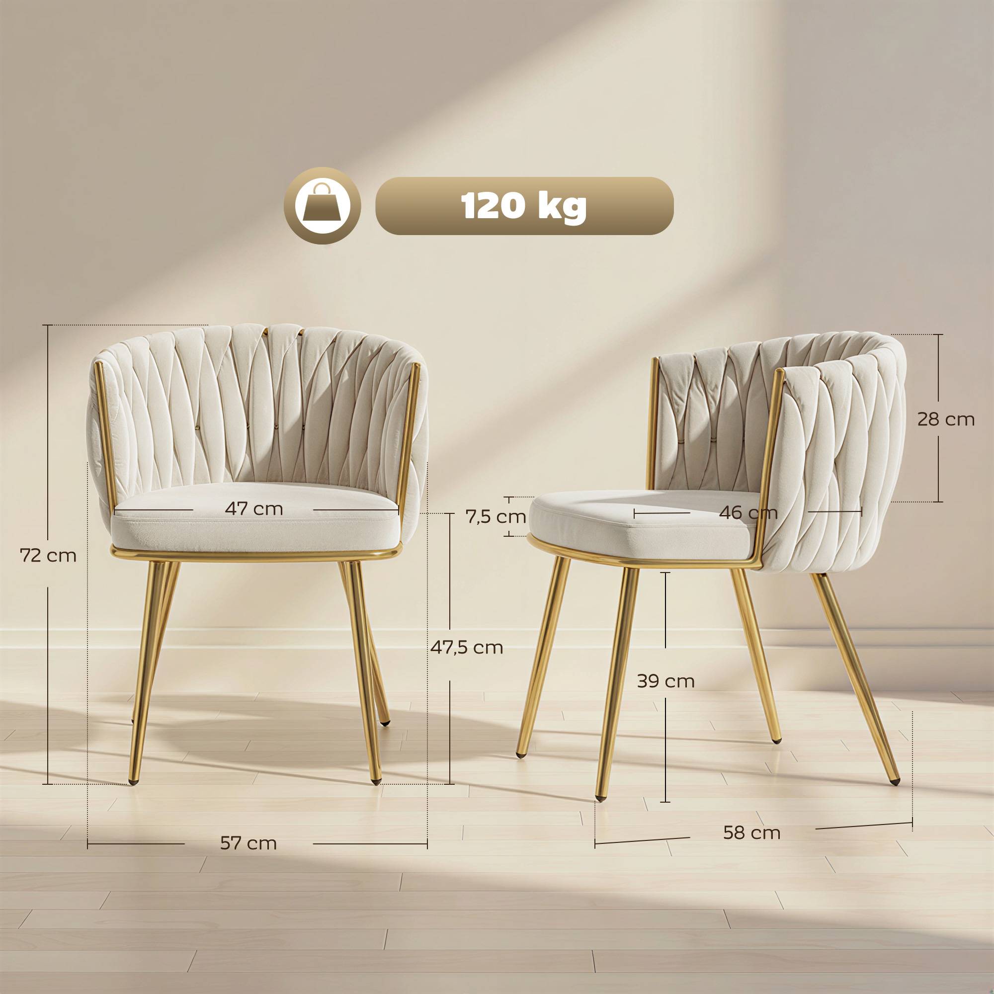 Lot de 2 chaises de salle à manger, chaises de cuisine rembourrées en velours avec dossier tressé et accoudoirs, crème - Image 5