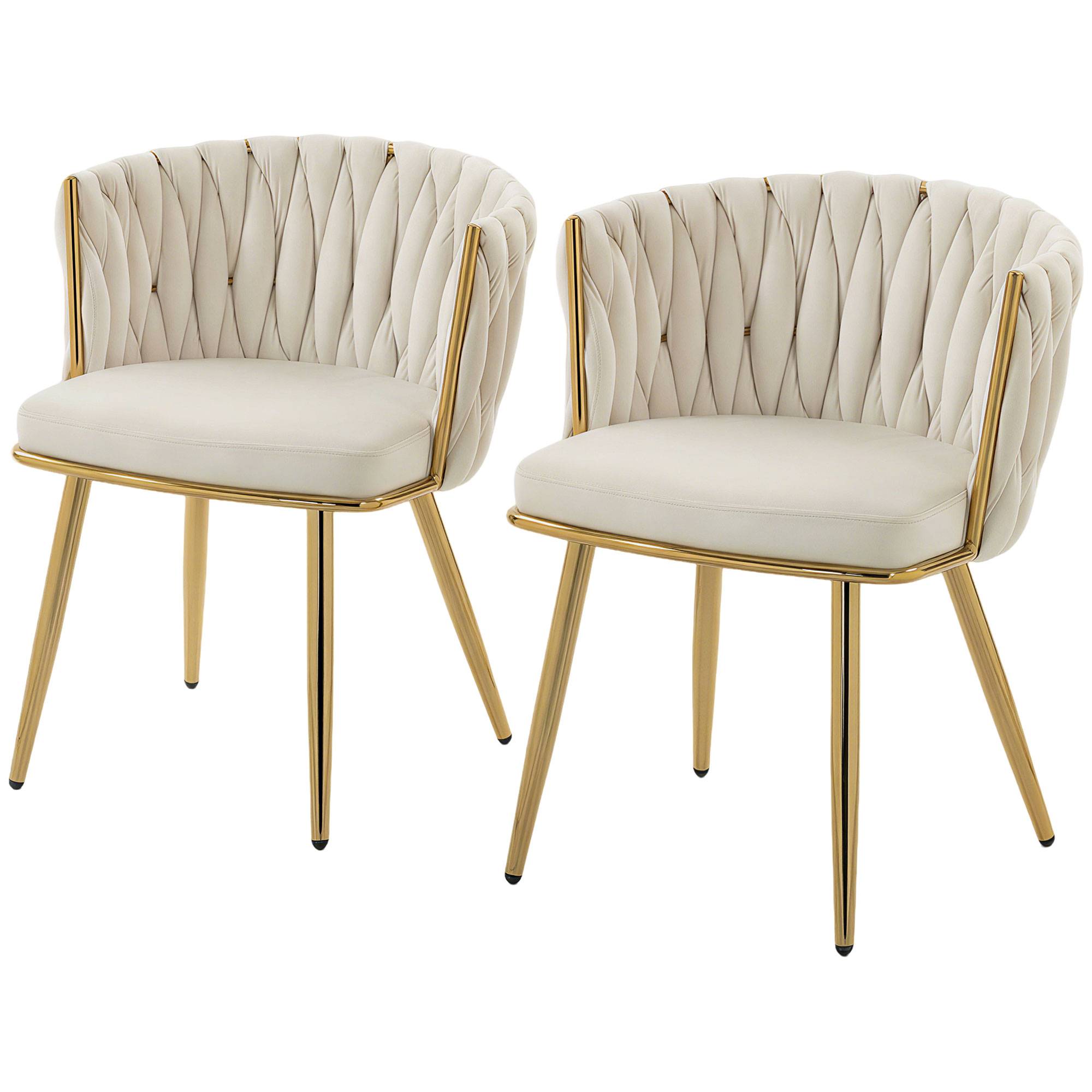 Lot de 2 chaises de salle à manger, chaises de cuisine rembourrées en velours avec dossier tressé et accoudoirs, crème - Image 2