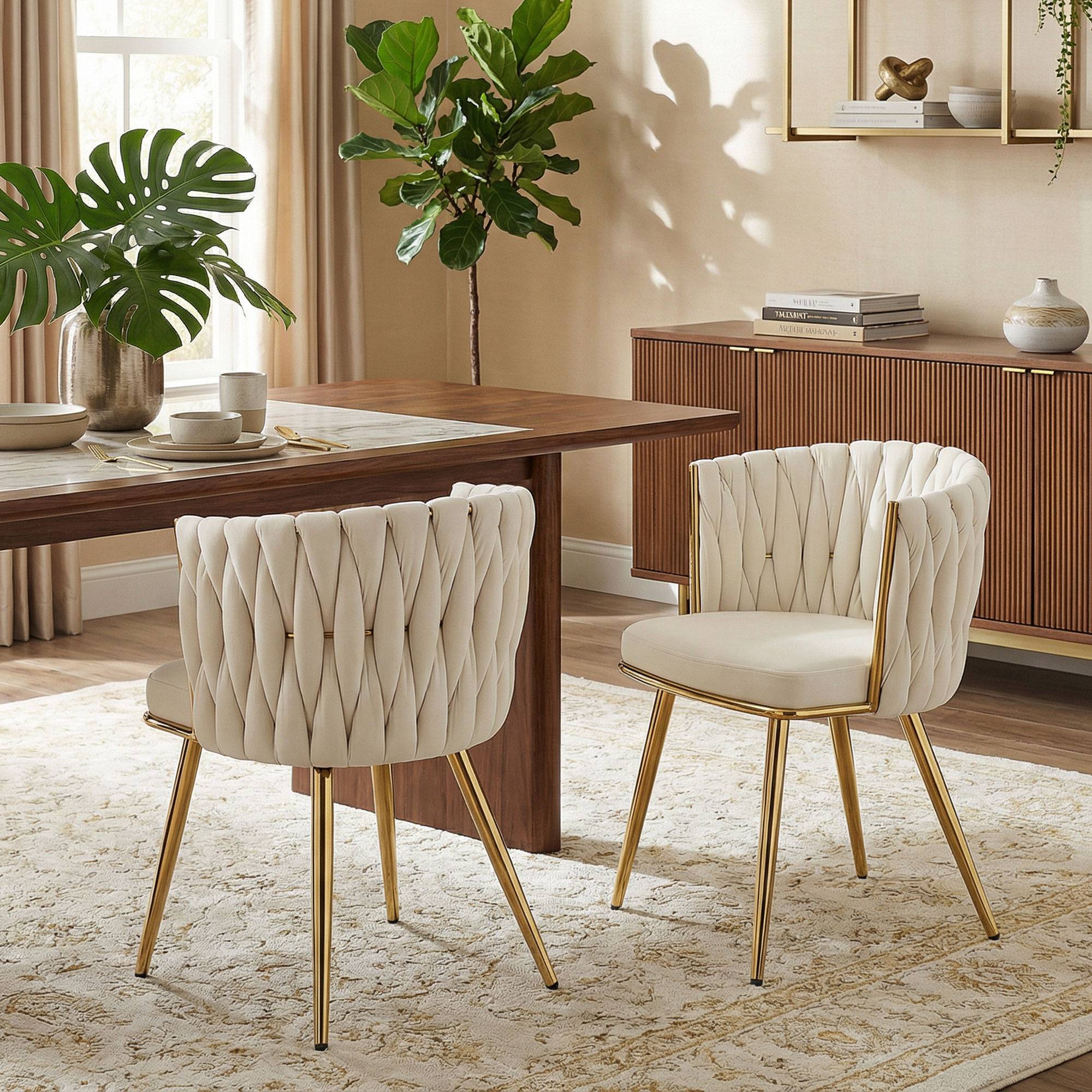 Lot de 2 chaises de salle à manger, chaises de cuisine rembourrées en velours avec dossier tressé et accoudoirs, crème - Image 3