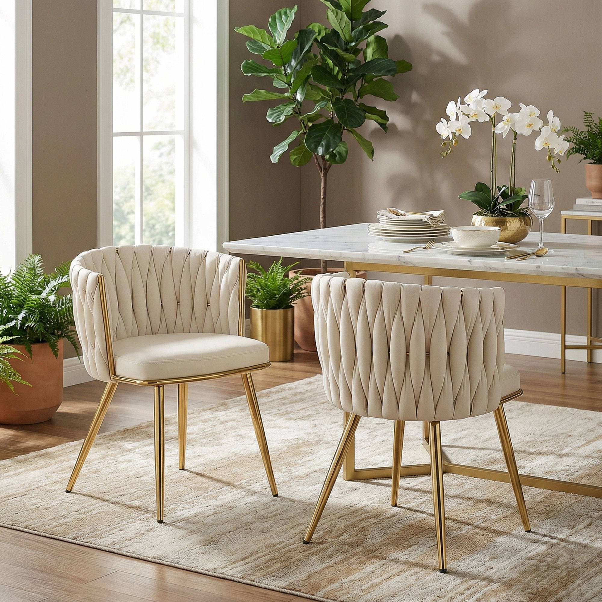 Lot de 2 chaises de salle à manger, chaises de cuisine rembourrées en velours avec dossier tressé et accoudoirs, crème - Image 4