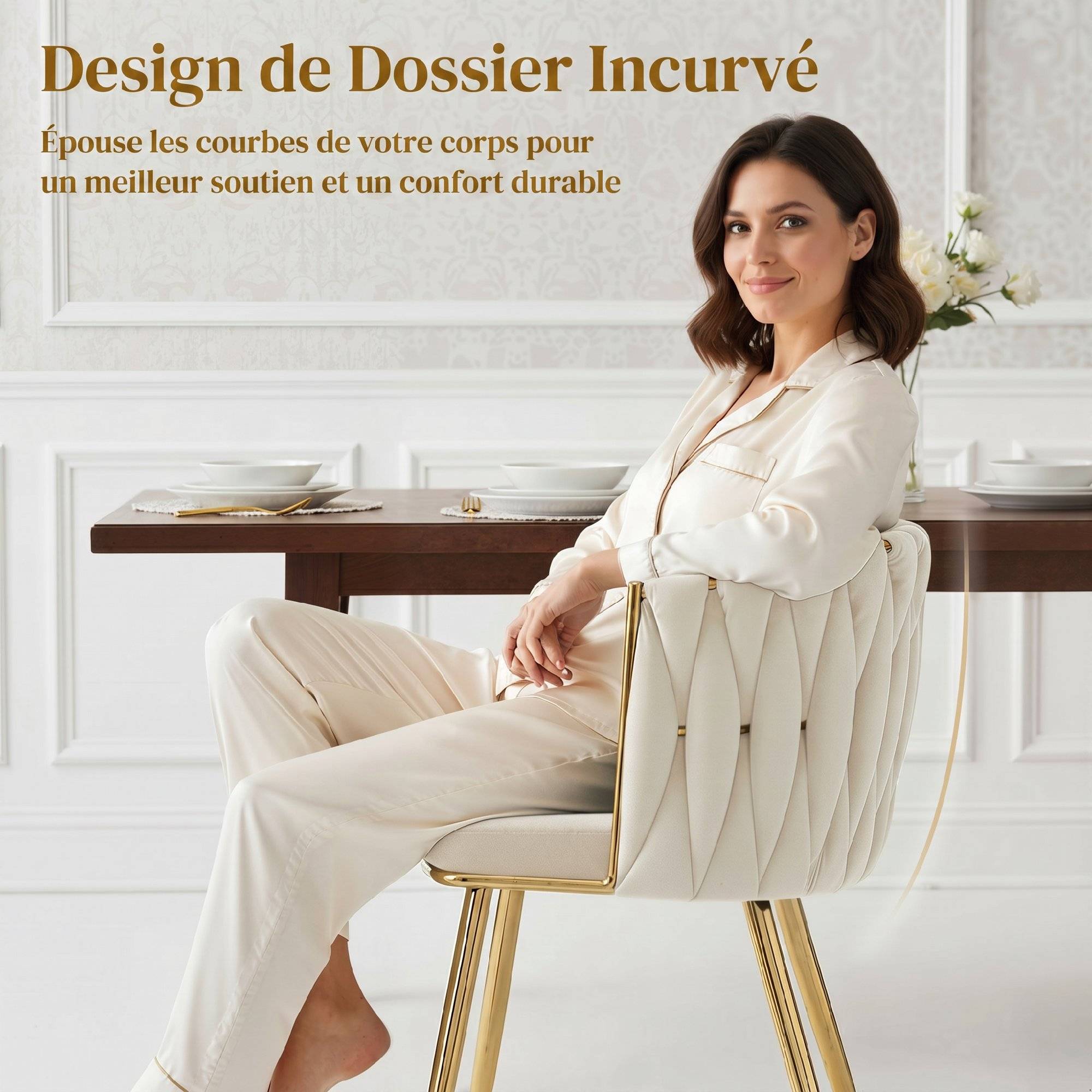 Lot de 2 chaises de salle à manger, chaises de cuisine rembourrées en velours avec dossier tressé et accoudoirs, crème - Image 7