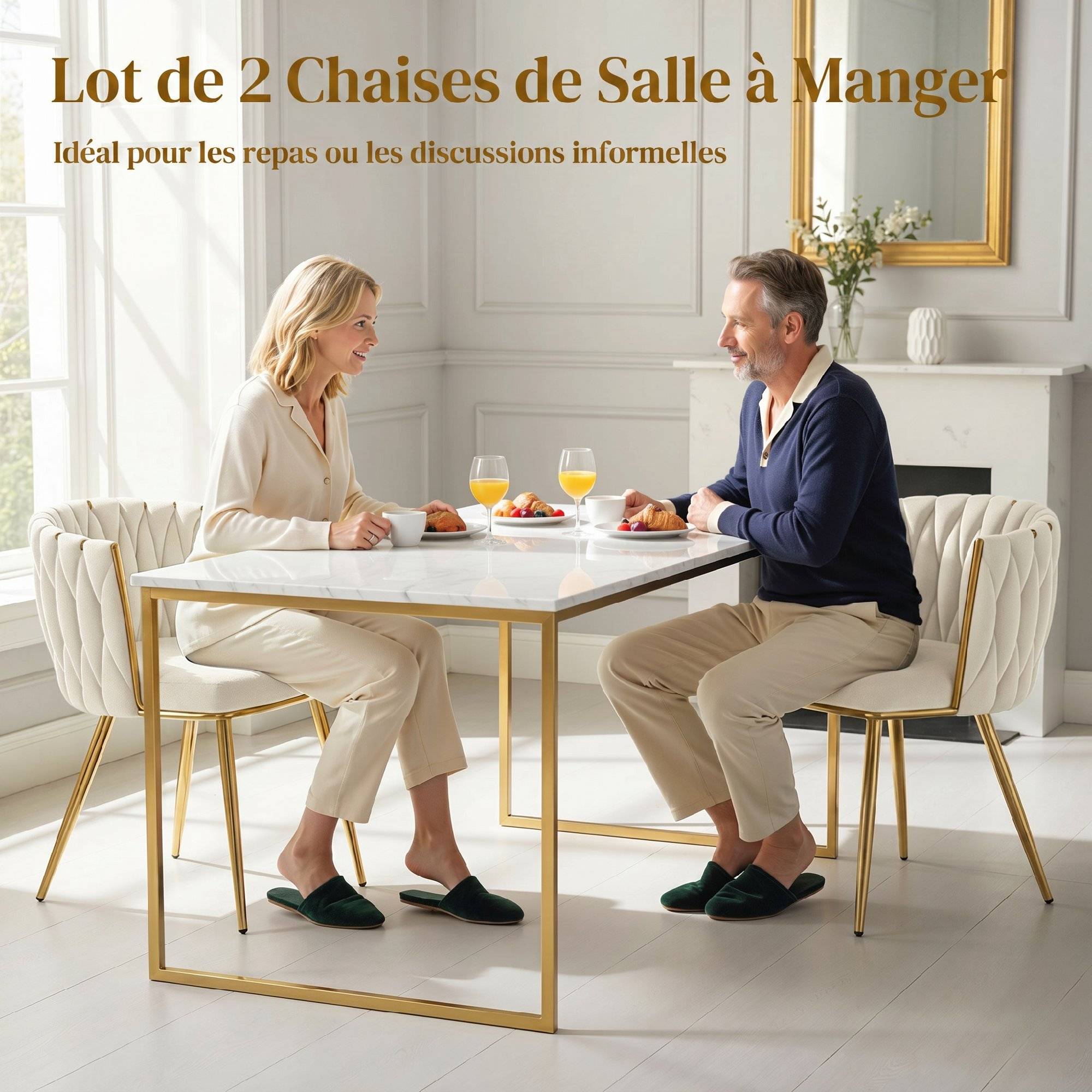 Lot de 2 chaises de salle à manger, chaises de cuisine rembourrées en velours avec dossier tressé et accoudoirs, crème - Image 6