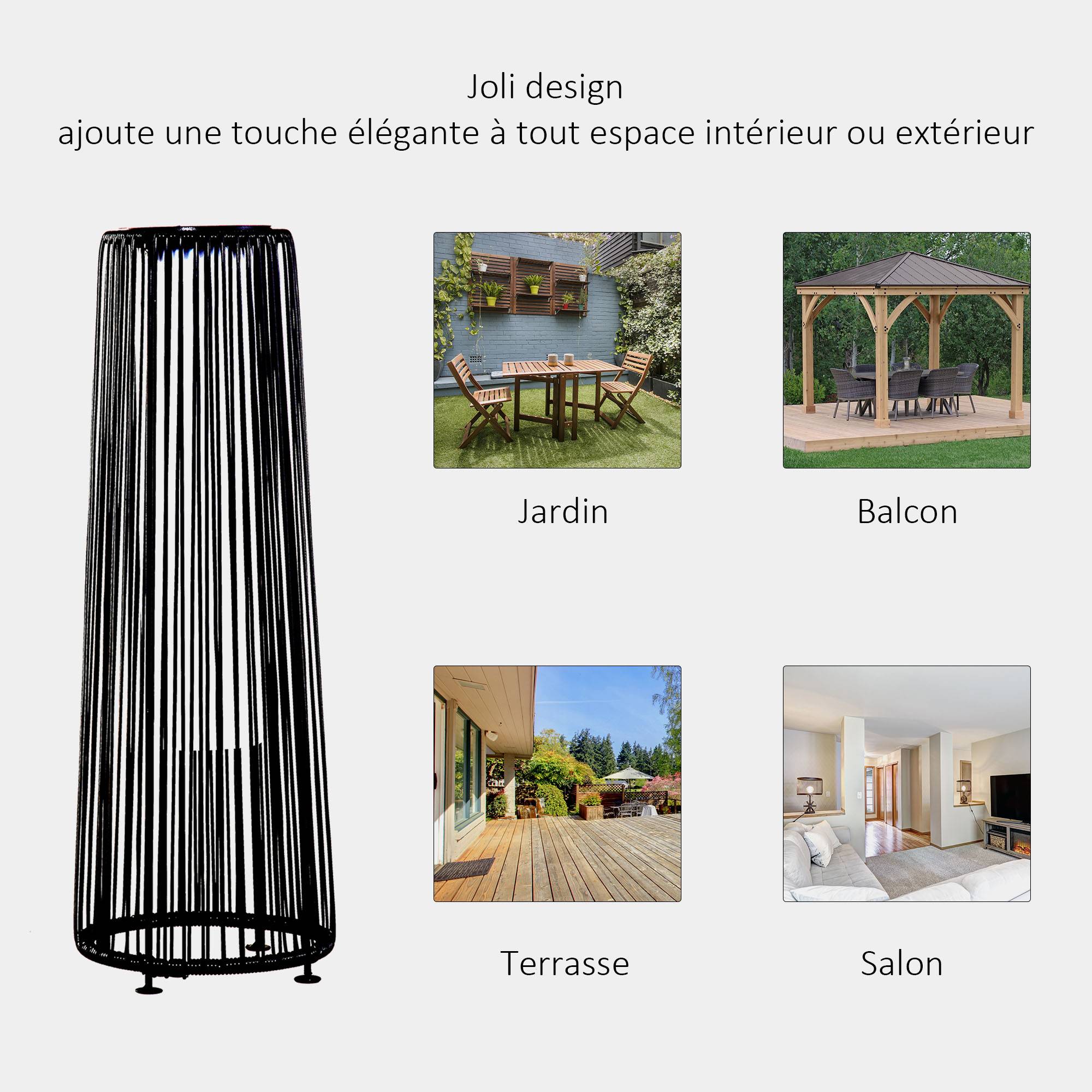 Lampadaire de jardin LED résine tressée noir 21.5 x 21.5 x 61 cm - PANGIVO - Image 9