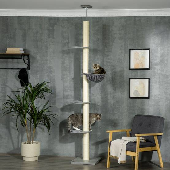 Arbre à chat PawHut avec hamac, hauteur de plafond, 40 x 40 x 250 cm, gris + blanc crème - Image 3