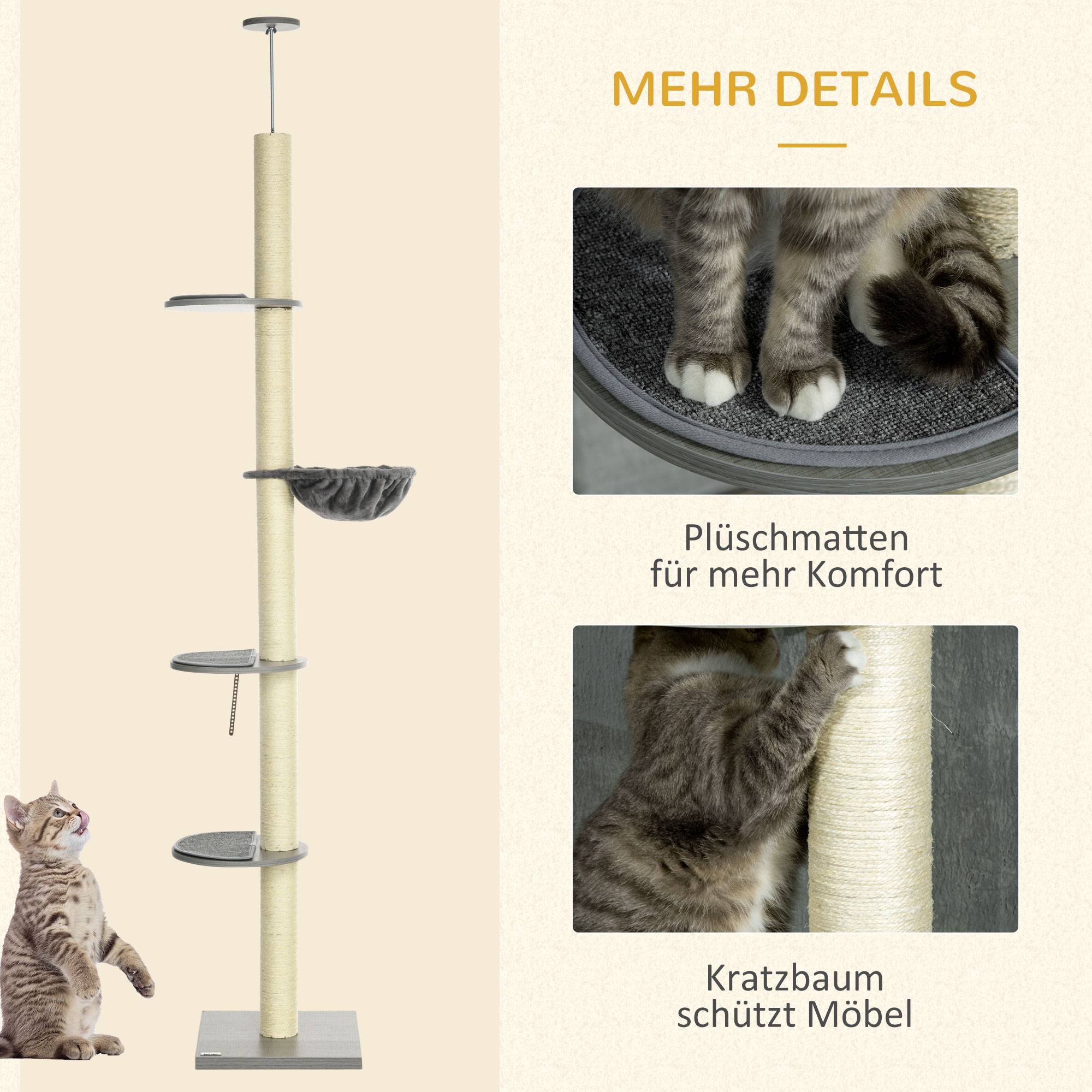 Arbre à chat PawHut avec hamac, hauteur de plafond, 40 x 40 x 250 cm, gris + blanc crème - Image 8