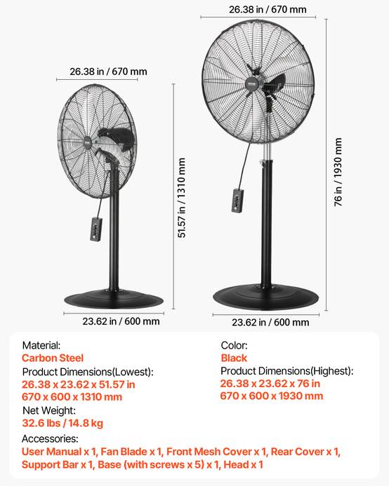 VEVOR Ventilateur pied industriel 600 mm, 6800 CFM, oscillant 85°. - Image 7
