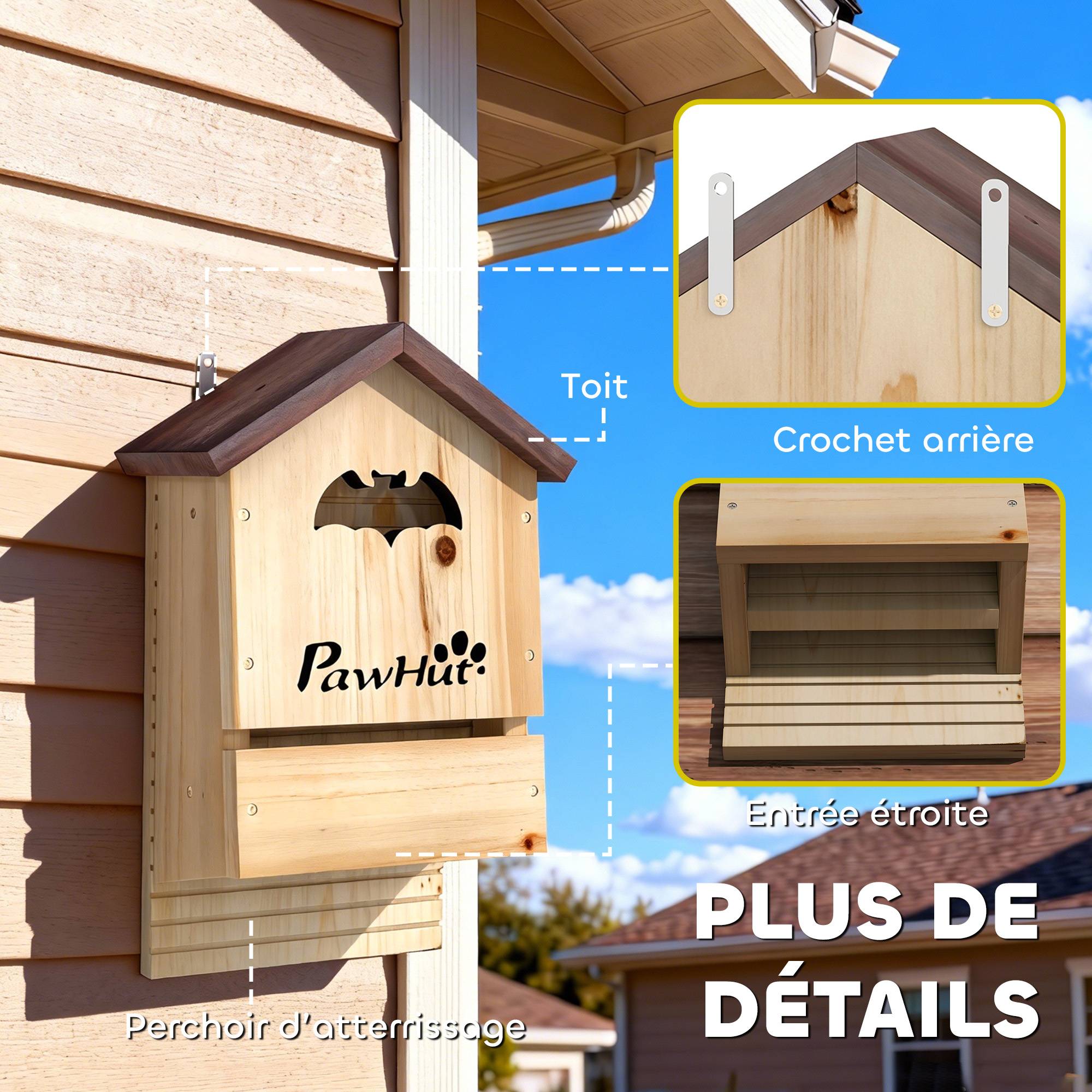 Lot de 3 Nichoirs Chauve Souris en Bois abri à chauves-souris 23 x 9,5 x 36,5 cm effet bois naturel - Image 8