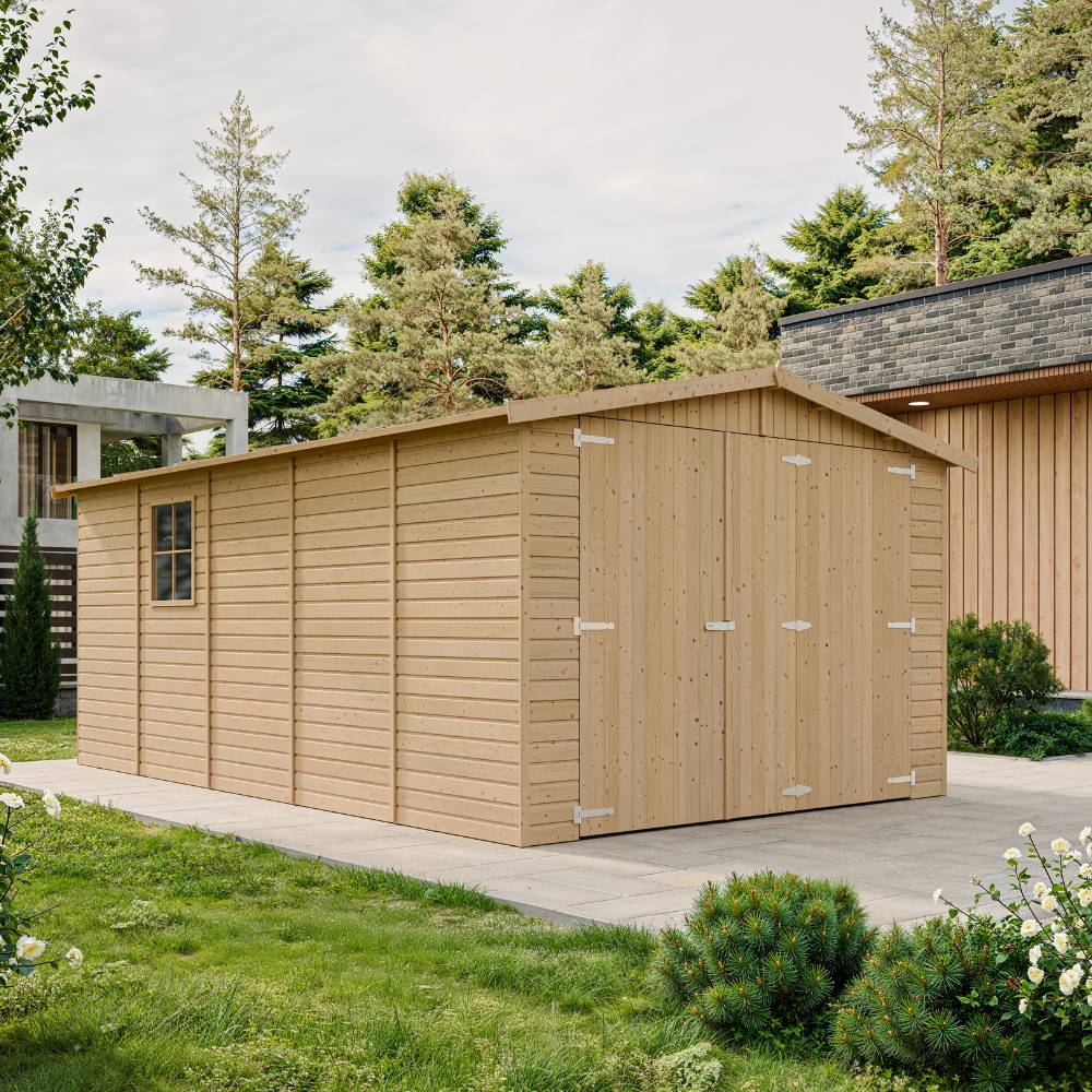 Timbela - Garage en Bois Naturel H222x516x324 cm/15 m² - Chalet - Atelier de jardin - Rangement pour vélos, remise à outils - 17 mm d’épaisseur - Timbela M101