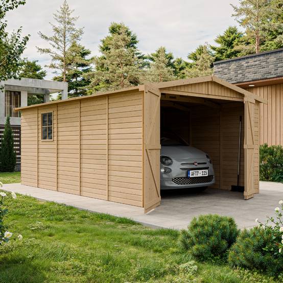 Timbela - Garage en Bois Naturel H222x516x324 cm/15 m² - Chalet - Atelier de jardin - Rangement pour vélos, remise à outils - 17 mm d’épaisseur - Timbela M101 - Image 2