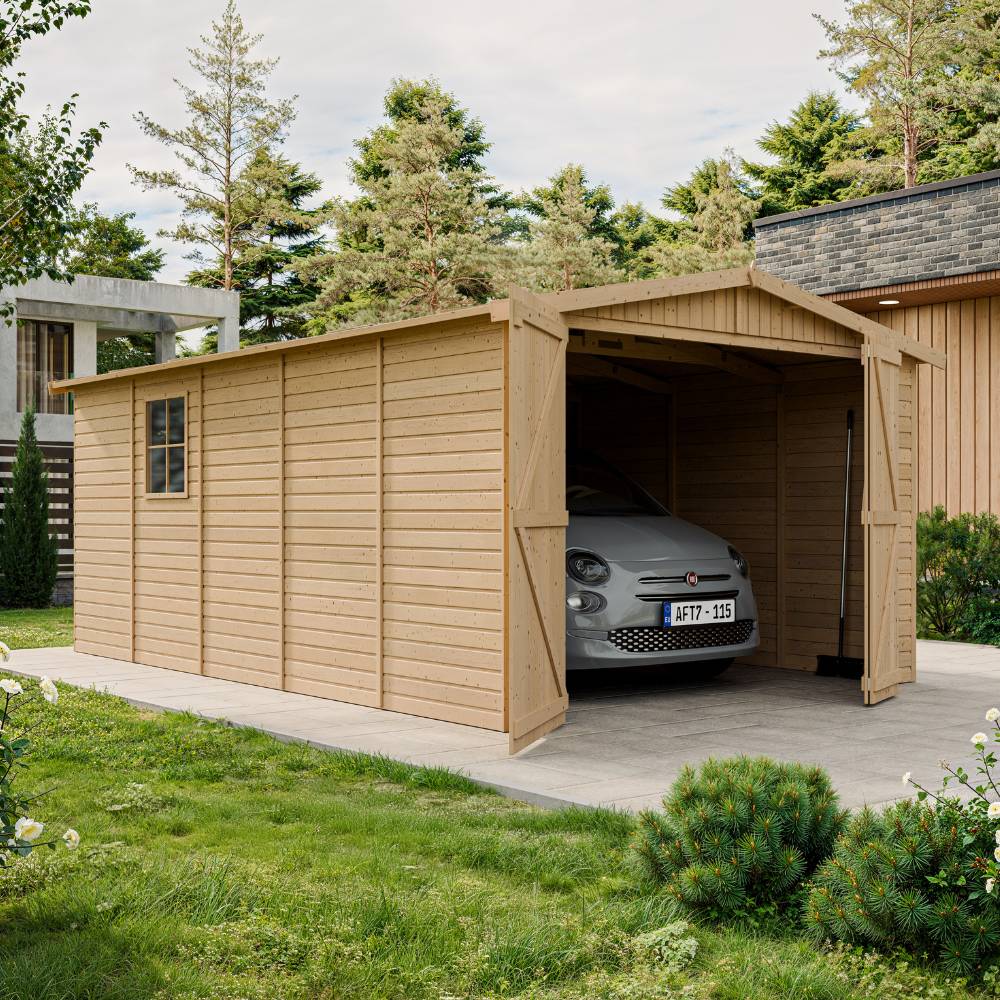 Timbela - Garage en Bois Naturel H222x516x324 cm/15 m² - Chalet - Atelier de jardin - Rangement pour vélos, remise à outils - 17 mm d’épaisseur - Timbela M101 - Image 2