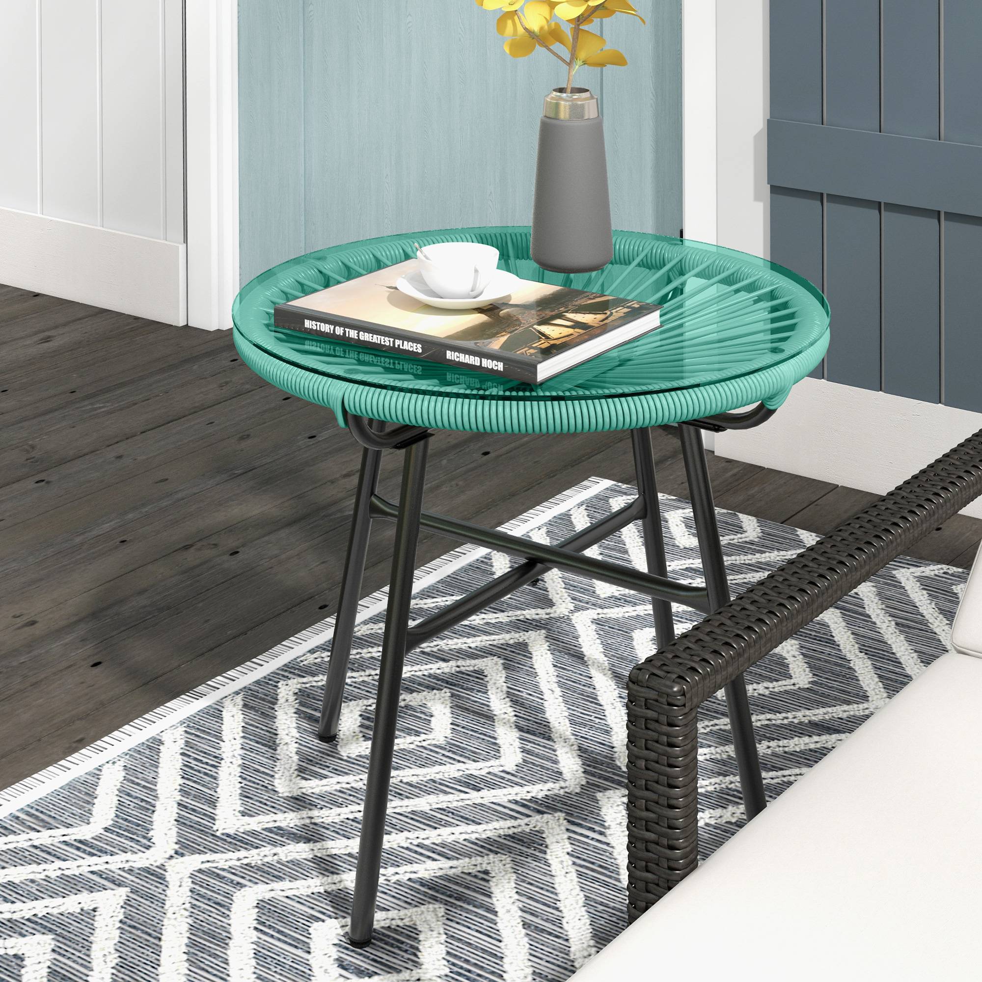 Table basse de jardin résine tressée ets verre trempé 50 x 50 x 50 cm - PANGIVO - Image 3