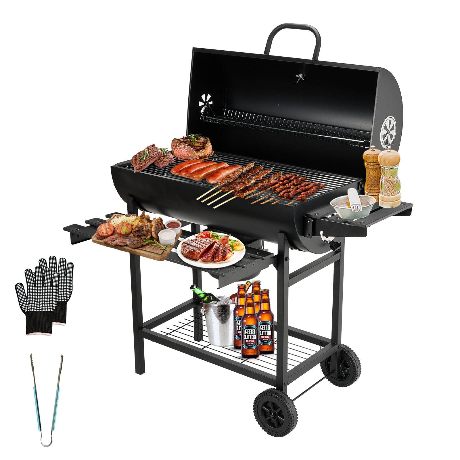 Teeno - Barbecue au charbon de bois, barbecue au charbon de bois XXL avec couvercle, tiroir à cendres, gants résistants à la chaleur, avec roulettes - Image 1