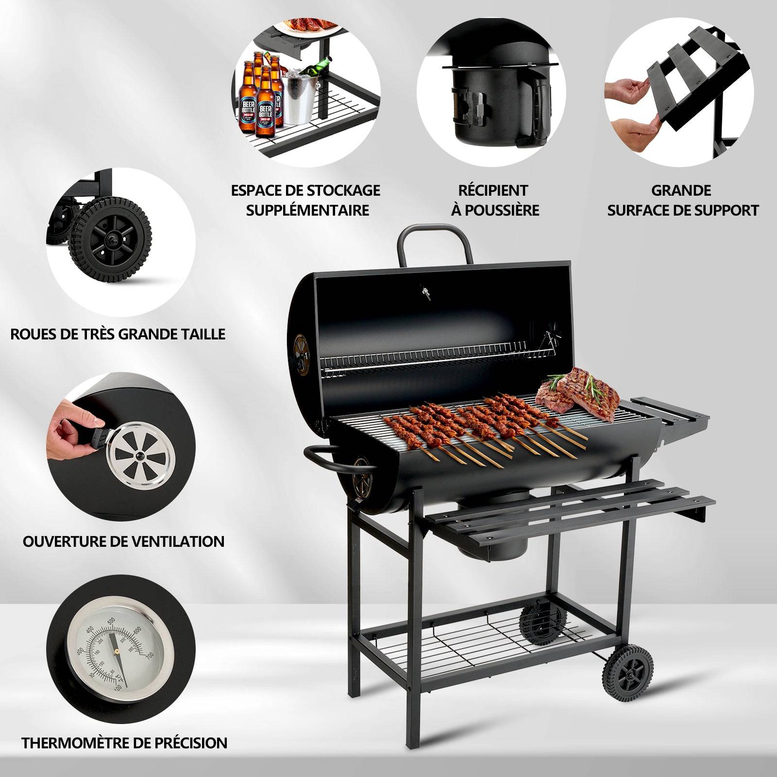 Teeno - Barbecue au charbon de bois, barbecue au charbon de bois XXL avec couvercle, tiroir à cendres, gants résistants à la chaleur, avec roulettes - Image 2