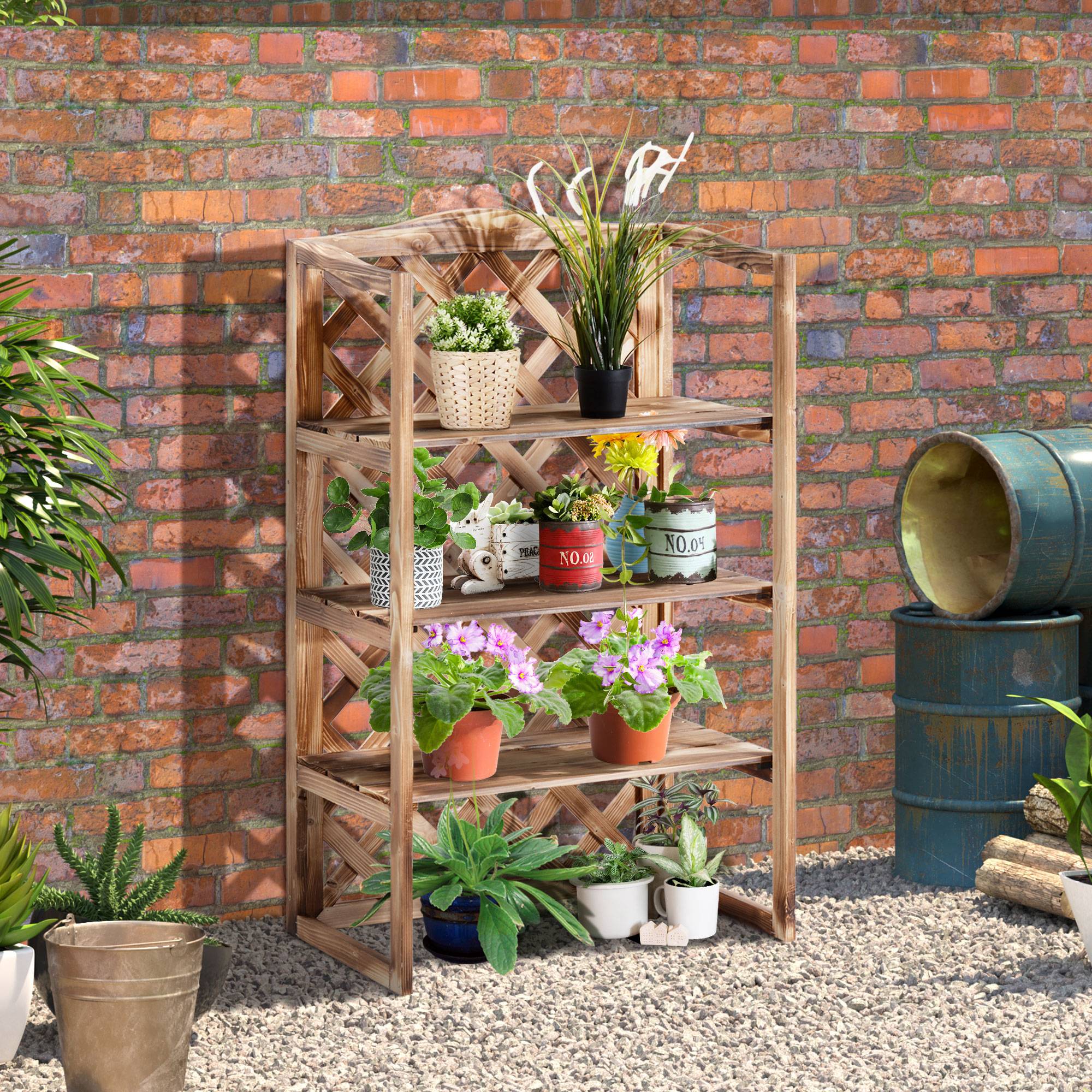 Porte-plantes en bois de sapin pour balcon 3 niveaux grande capacité 75x38x120cm naturel - ComfortXL Outdoor Living - Image 4