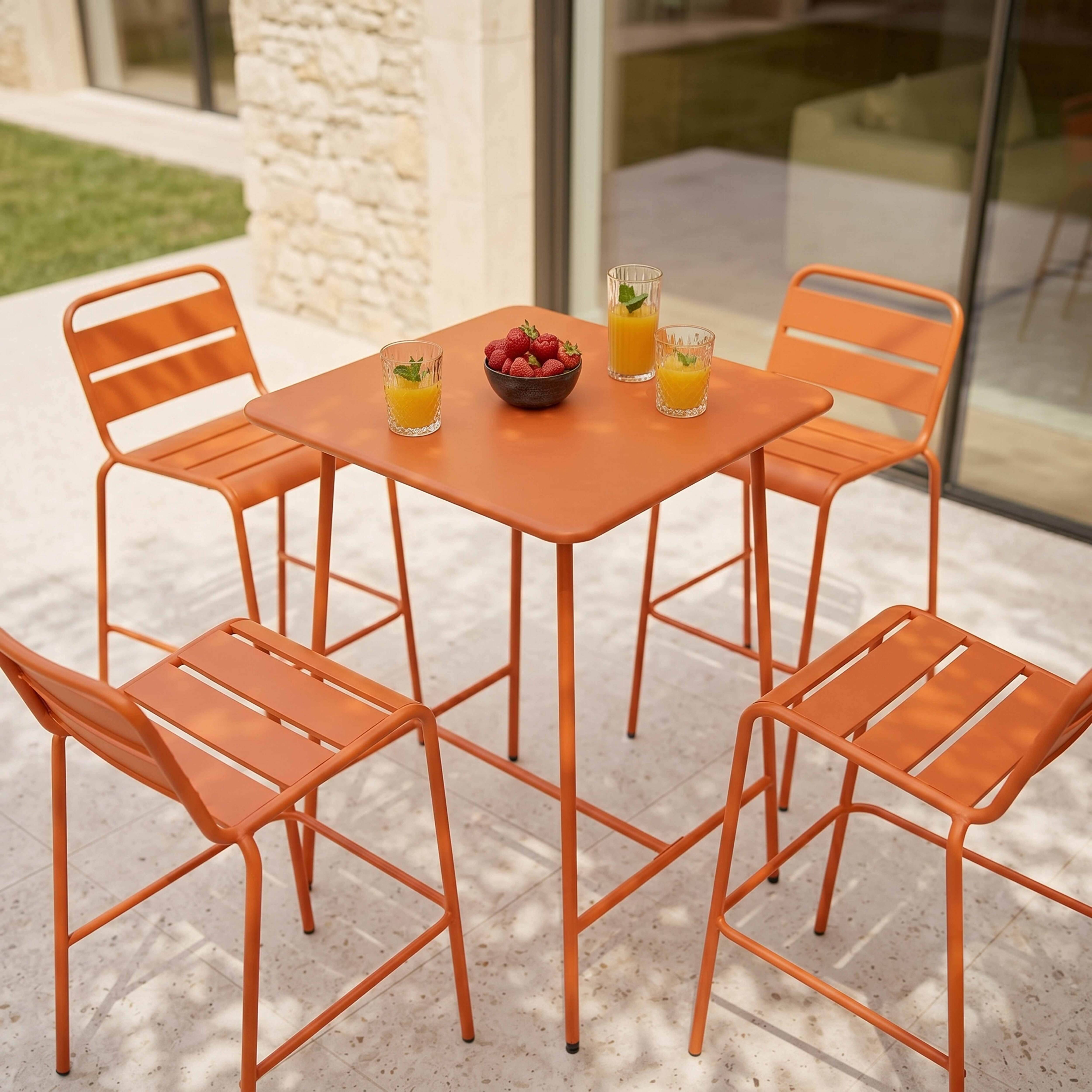 Oviala - Ensemble table de bar et 4 chaises hautes en métal orange Palavas - Oviala - Imagen 3