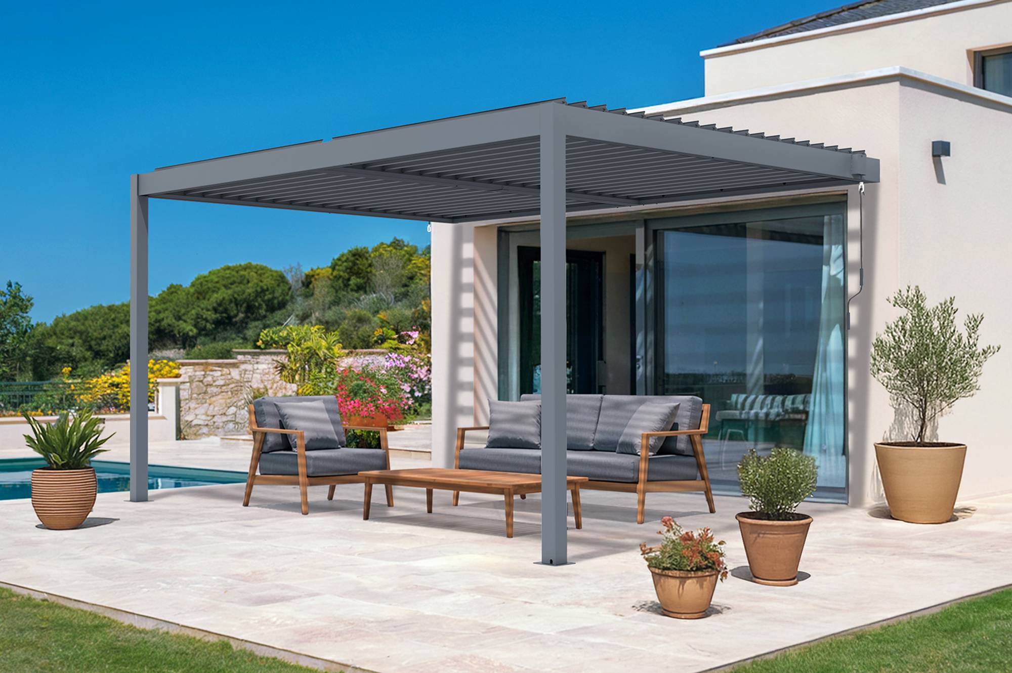 CAZEBOO - Cazeboo Pergola bioclimatique adossée PIANA 4x3 m aluminium gris - Lames orientables - Image 1