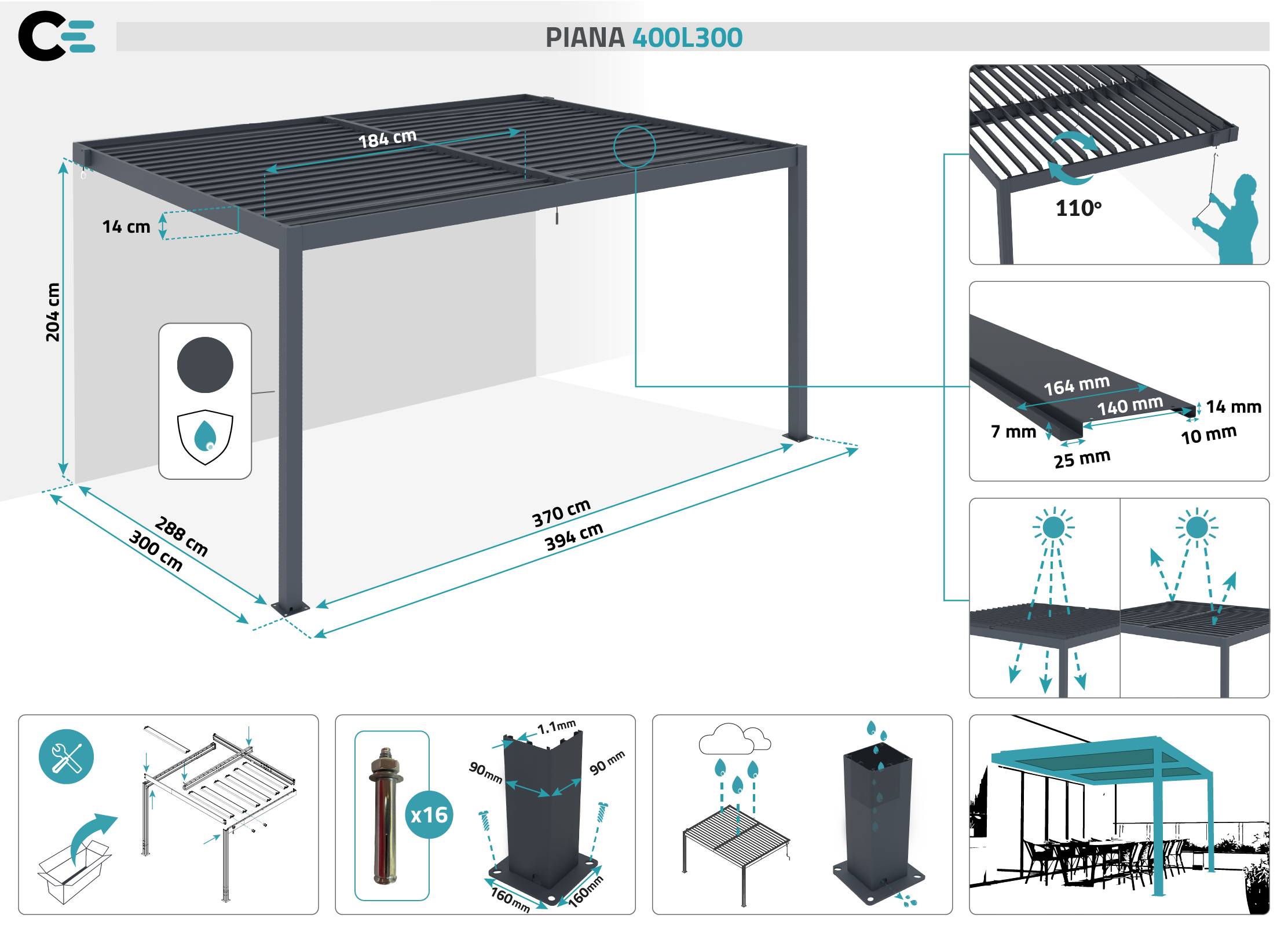 CAZEBOO - Cazeboo Pergola bioclimatique adossée PIANA 4x3 m aluminium gris - Lames orientables - Image 2