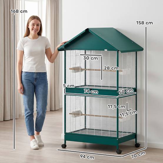 Cage à oiseaux sur roulettes avec séparateur amovible, 6 mangeoires et 4 perchoirs, 2 plateaux coulissants, pour perruches, cockatiels, canaris - Image 5