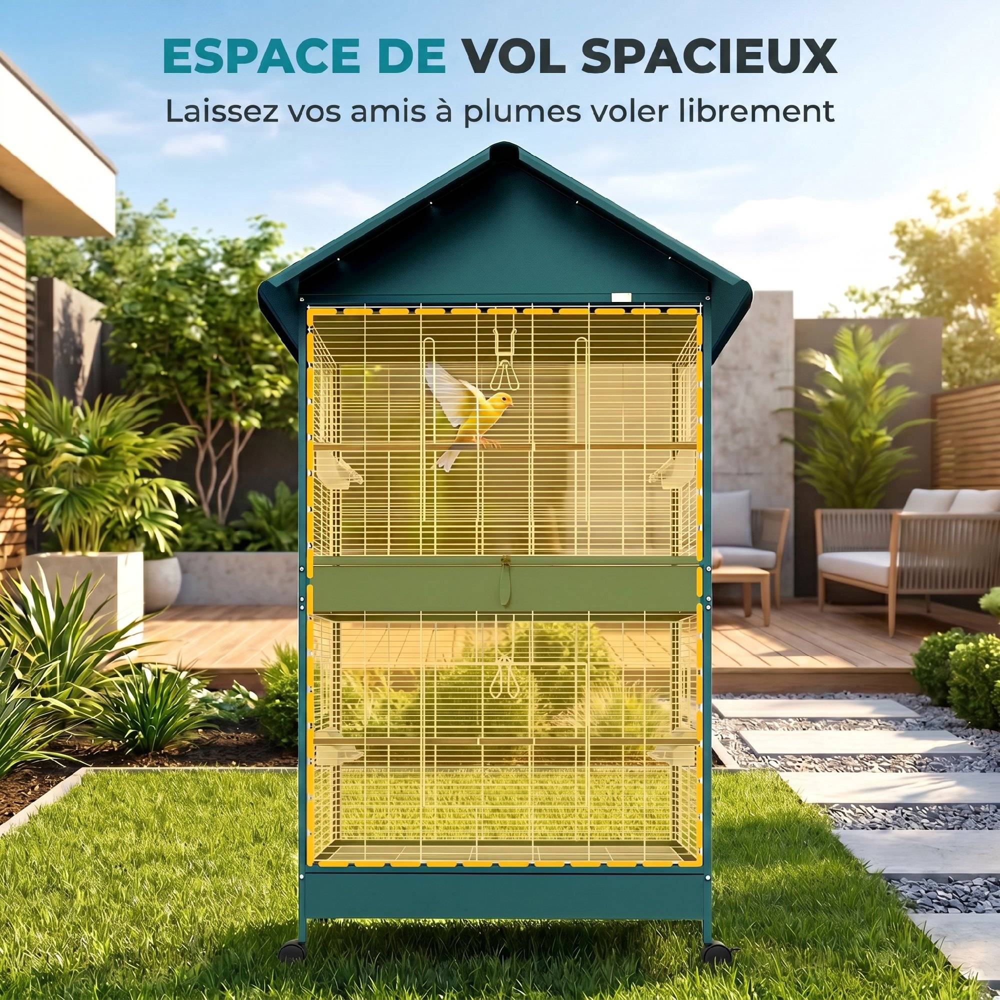 Cage à oiseaux sur roulettes avec séparateur amovible, 6 mangeoires et 4 perchoirs, 2 plateaux coulissants, pour perruches, cockatiels, canaris - Image 7