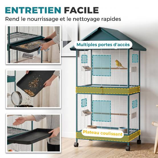 Cage à oiseaux sur roulettes avec séparateur amovible, 6 mangeoires et 4 perchoirs, 2 plateaux coulissants, pour perruches, cockatiels, canaris - Image 9
