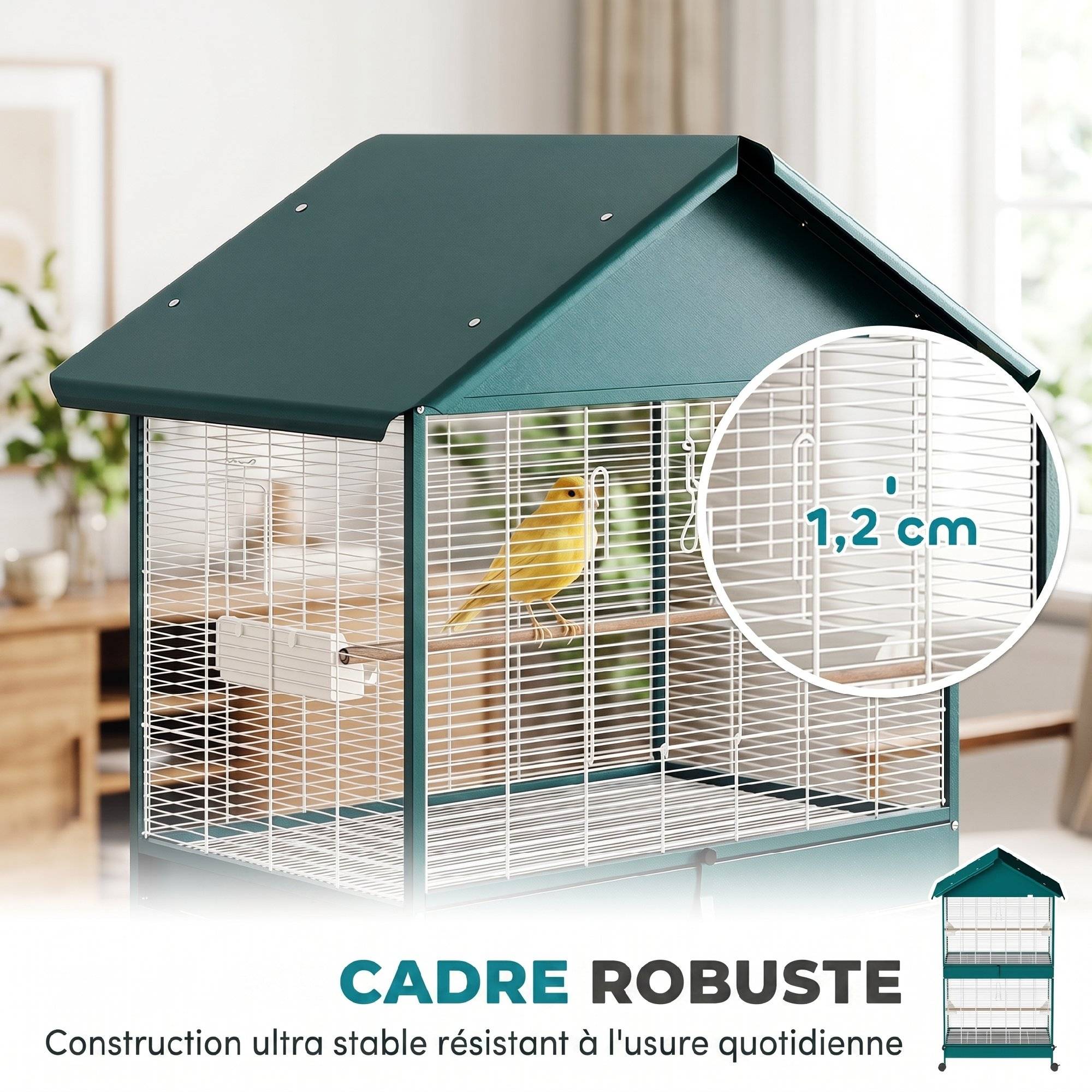 Cage à oiseaux sur roulettes avec séparateur amovible, 6 mangeoires et 4 perchoirs, 2 plateaux coulissants, pour perruches, cockatiels, canaris - Image 8