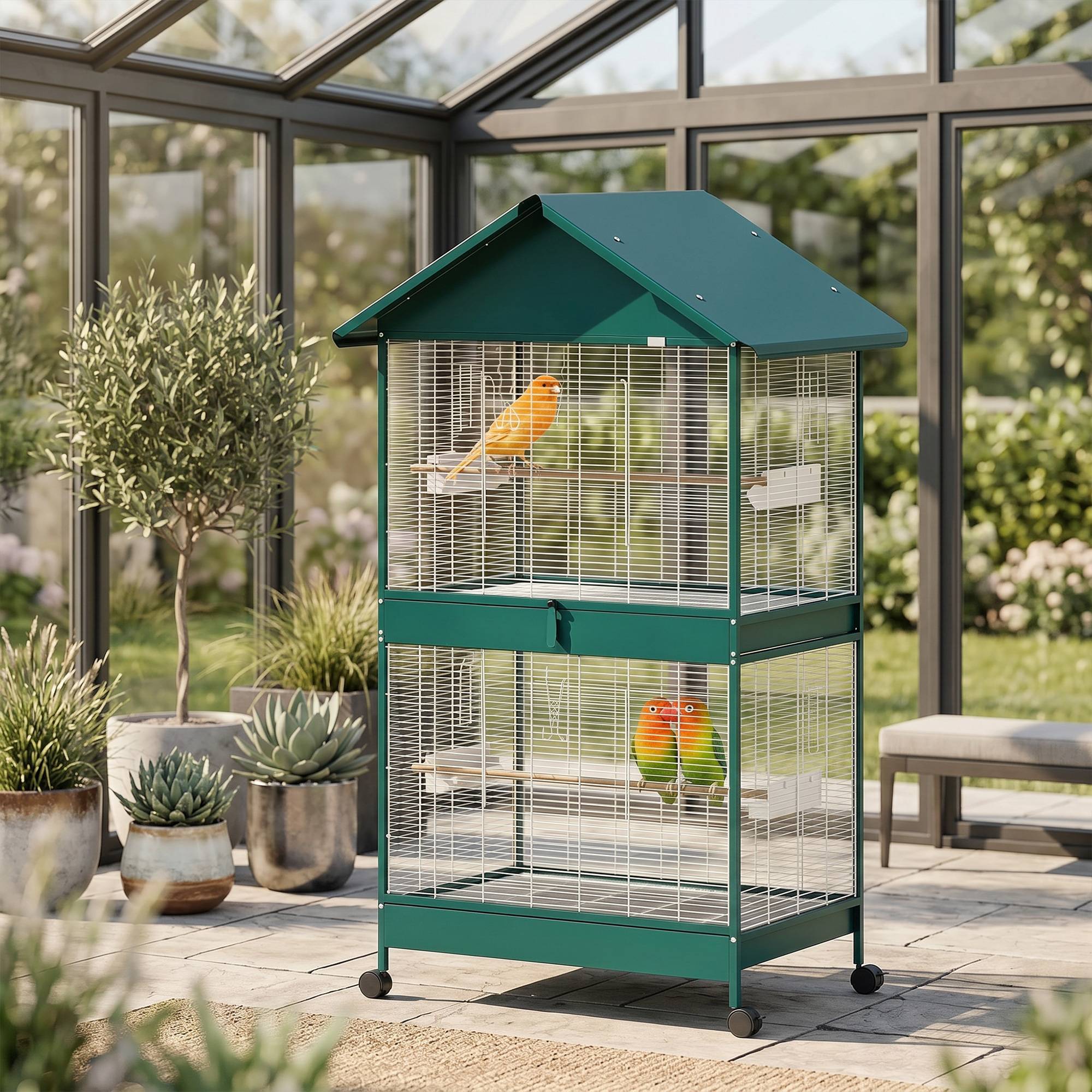 Cage à oiseaux sur roulettes avec séparateur amovible, 6 mangeoires et 4 perchoirs, 2 plateaux coulissants, pour perruches, cockatiels, canaris - Image 4