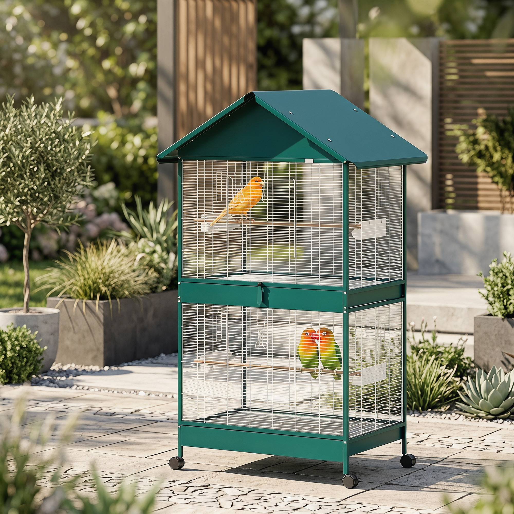 Cage à oiseaux sur roulettes avec séparateur amovible, 6 mangeoires et 4 perchoirs, 2 plateaux coulissants, pour perruches, cockatiels, canaris - Image 10