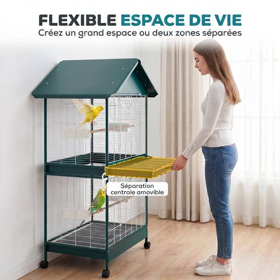 Cage à oiseaux sur roulettes avec séparateur amovible, 6 mangeoires et 4 perchoirs, 2 plateaux coulissants, pour perruches, cockatiels, canaris - Image 6