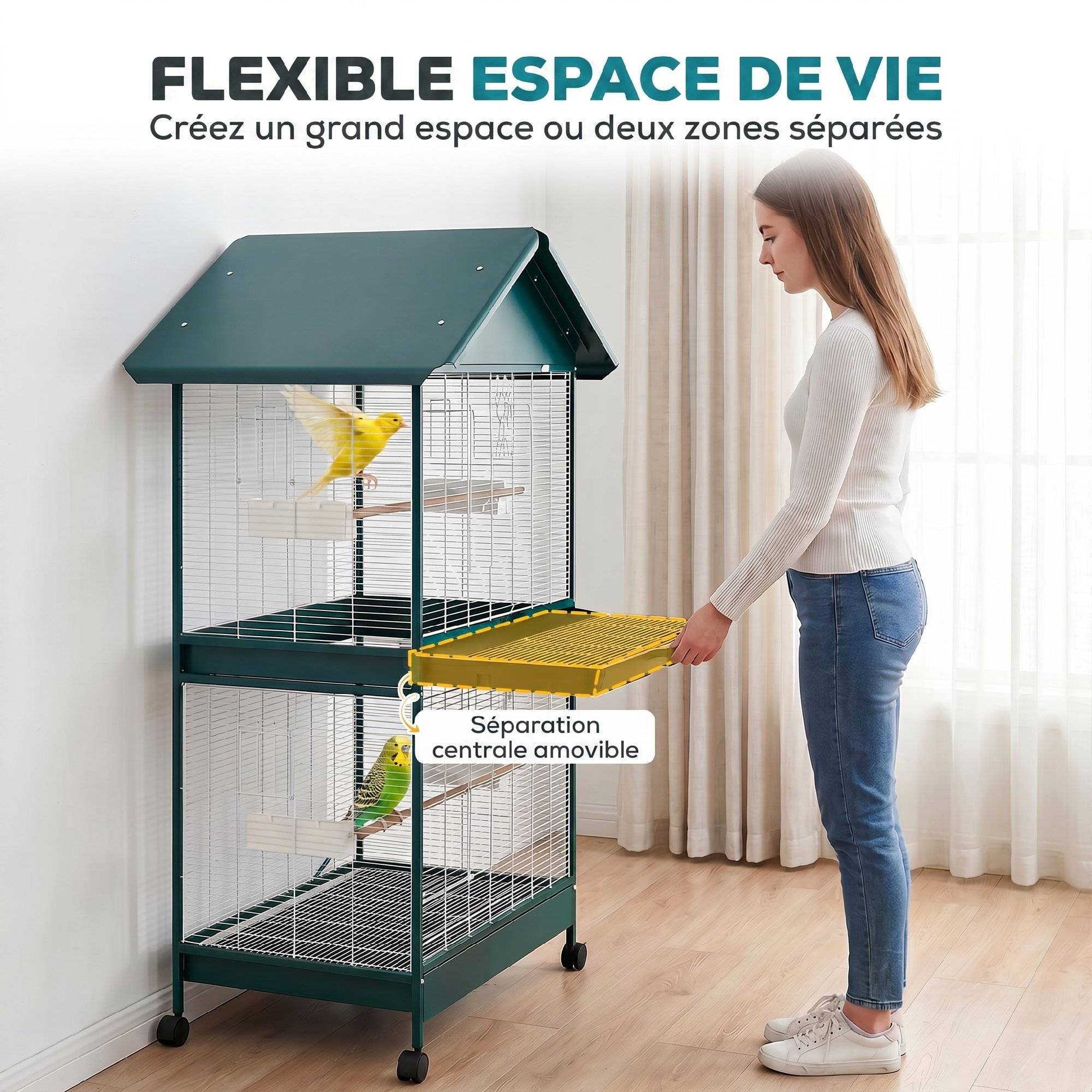 Cage à oiseaux sur roulettes avec séparateur amovible, 6 mangeoires et 4 perchoirs, 2 plateaux coulissants, pour perruches, cockatiels, canaris - Image 6