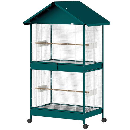 Cage à oiseaux sur roulettes avec séparateur amovible, 6 mangeoires et 4 perchoirs, 2 plateaux coulissants, pour perruches, cockatiels, canaris - Image 2