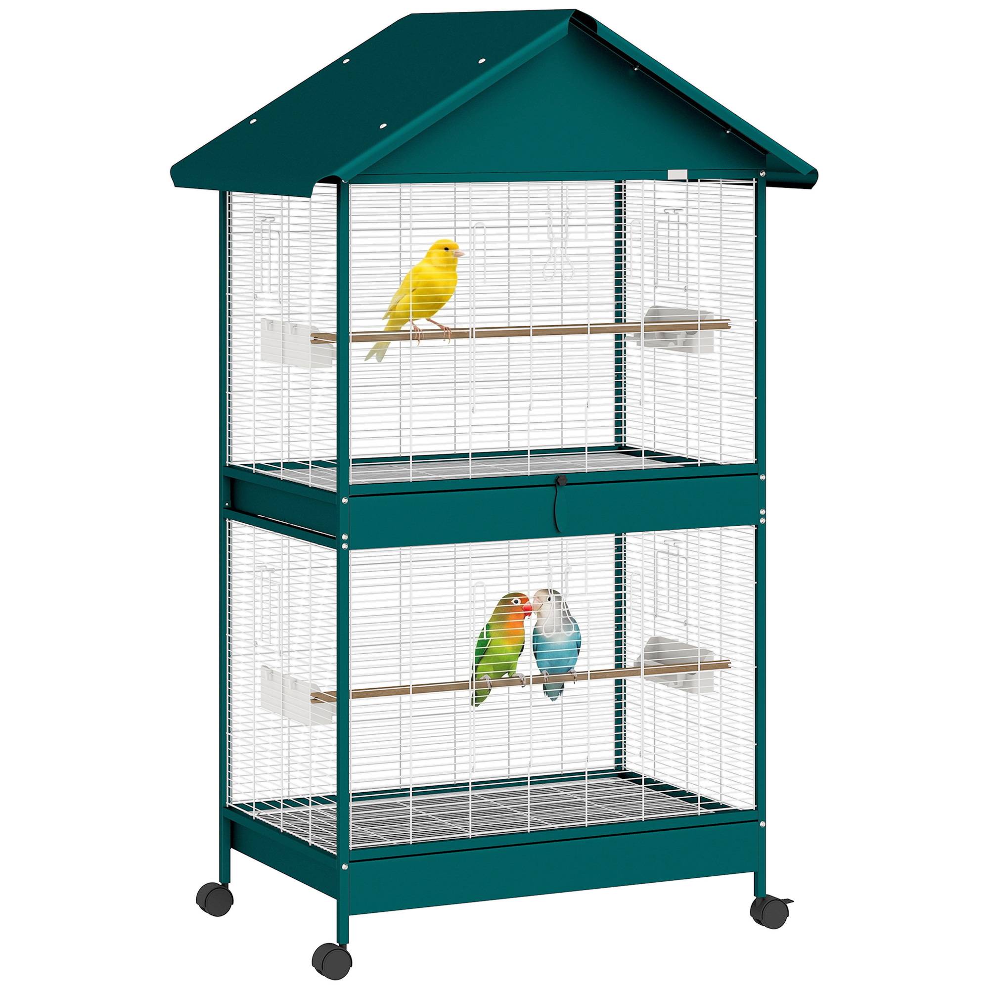 Cage à oiseaux sur roulettes avec séparateur amovible, 6 mangeoires et 4 perchoirs, 2 plateaux coulissants, pour perruches, cockatiels, canaris