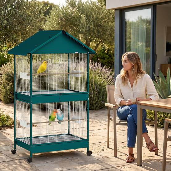 Cage à oiseaux sur roulettes avec séparateur amovible, 6 mangeoires et 4 perchoirs, 2 plateaux coulissants, pour perruches, cockatiels, canaris - Image 3