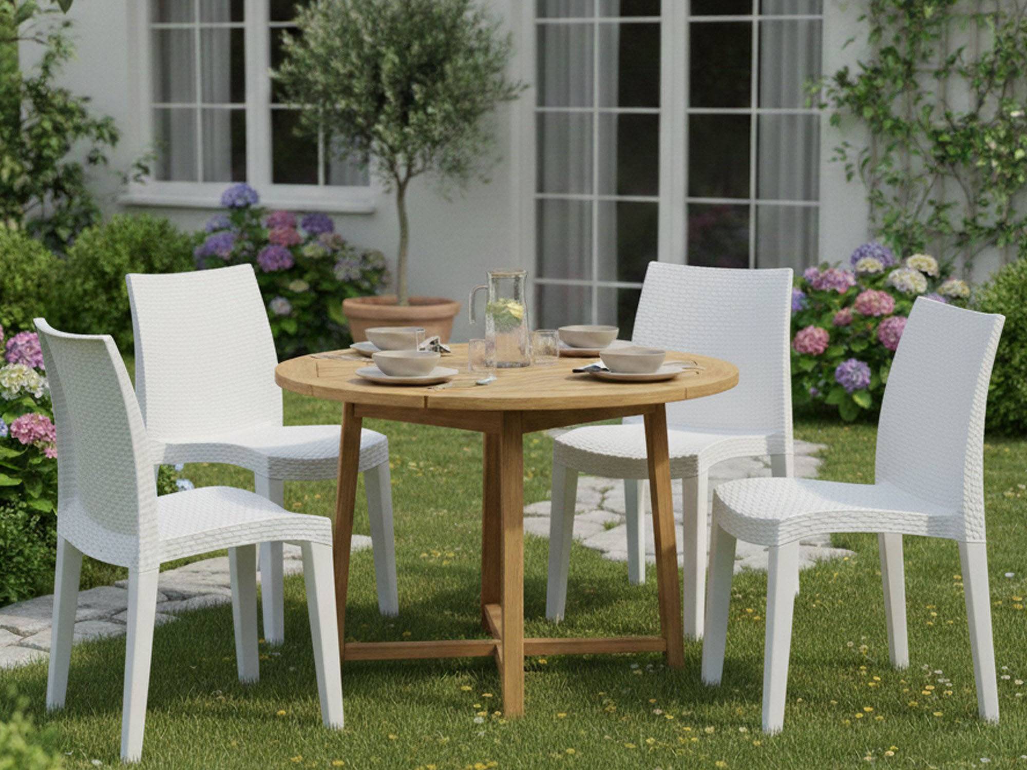 Dmora - Ensemble de 4 chaises d'extérieur Dmaldin, Sièges de jardin, Chaise de table à manger, Fauteuil d'extérieur effet rotin, 55x48h86 cm, Blanc - Dmora - Imagen 4
