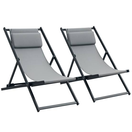 Outsunny - Lot de 2 chaises longues pliantes avec appuie-tête 60x100x85 cm transat inclinable jardin plage camping piscine textilène gris foncé - Outsunny - Image 1