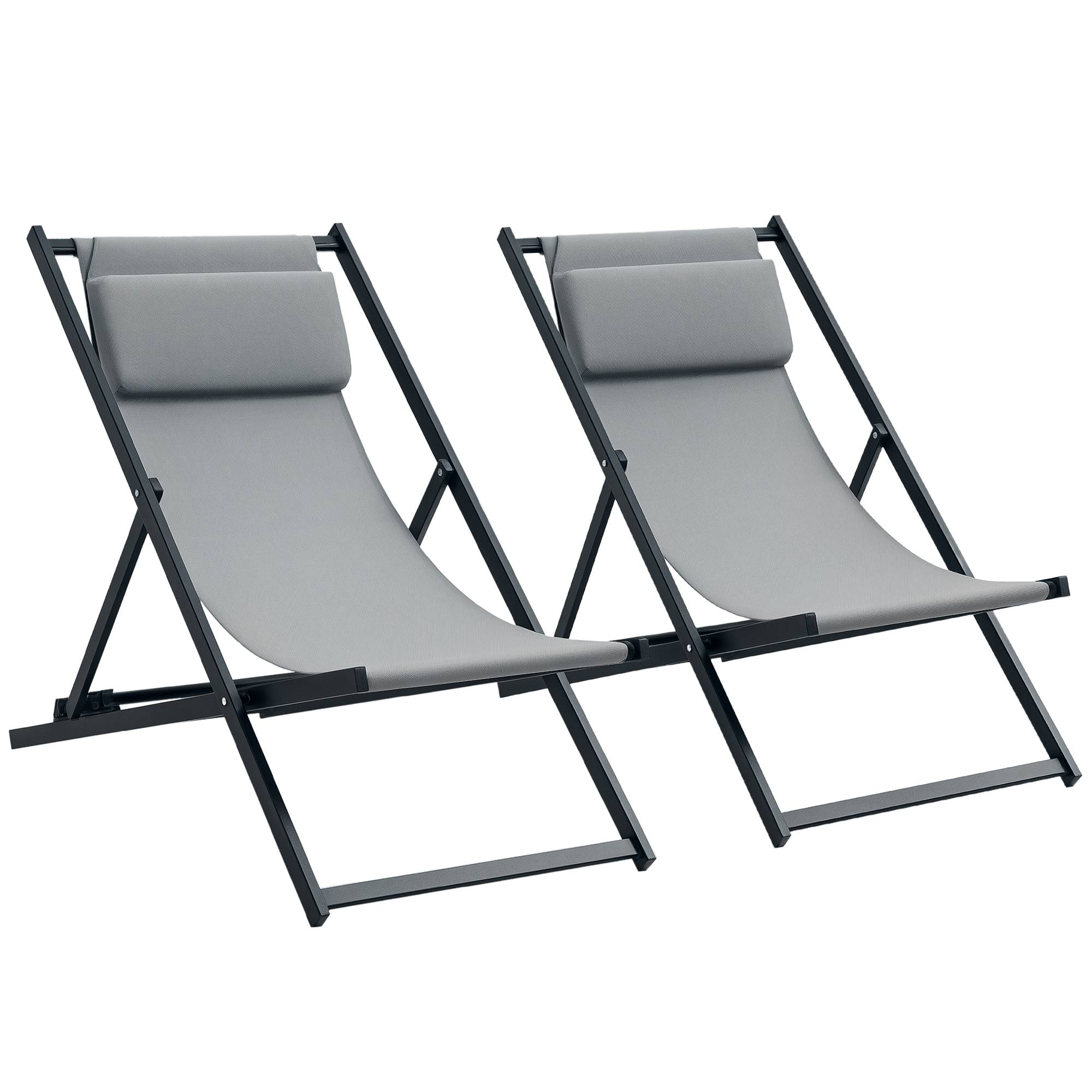 Outsunny - Lot de 2 chaises longues pliantes avec appuie-tête 60x100x85 cm transat inclinable jardin plage camping piscine textilène gris foncé - Outsunny - Image 1